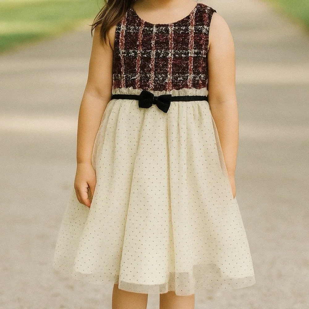 Blueberi Boulevard Plaid Tulle‎ Dress Girls 4T Red White Excellent Bow Metallic